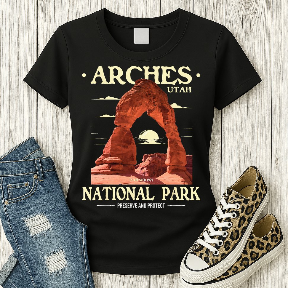 Arches National Park Retro Hiking & Camping Lover Womens T-Shirt