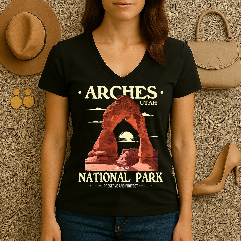 Arches National Park Retro Hiking & Camping Lover Women's V-Neck T-Shirt