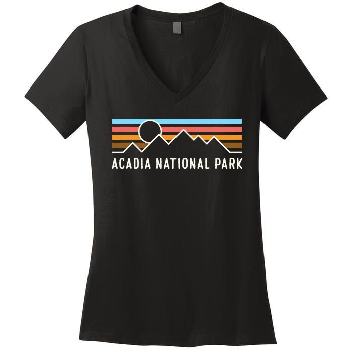 Acadia National Park Retro Mountain Lines Camping Souvenir Women's V-Neck T-Shirt