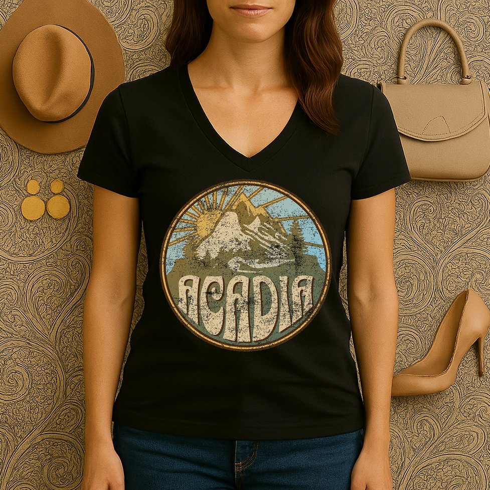 Acadia National Park Maine Nature Mountains Hiking Outdoors Women's V-Neck T-Shirt