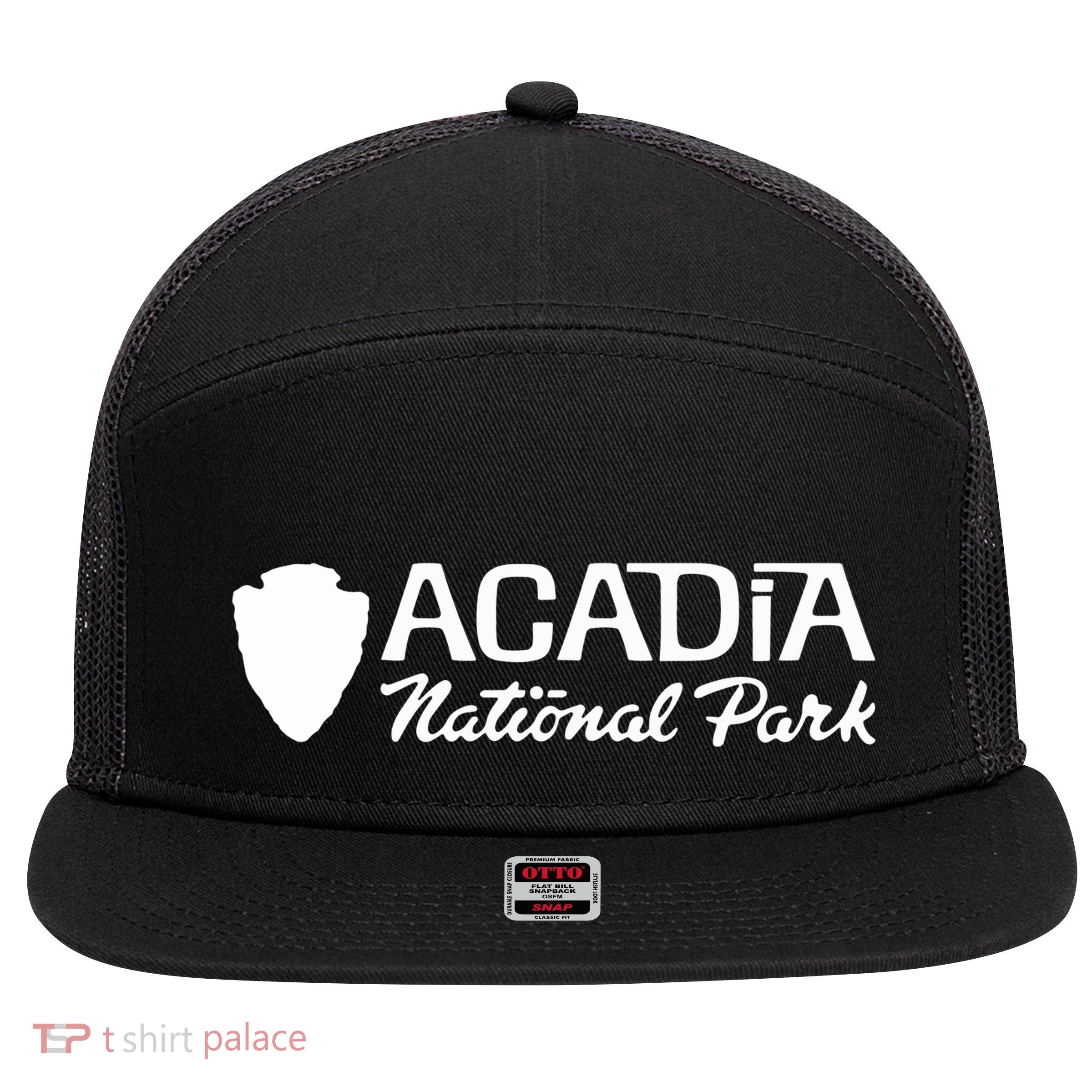 Acadia National Park Retro Arrowhead Wordmark 7 Panel Mesh Trucker Snapback Hat