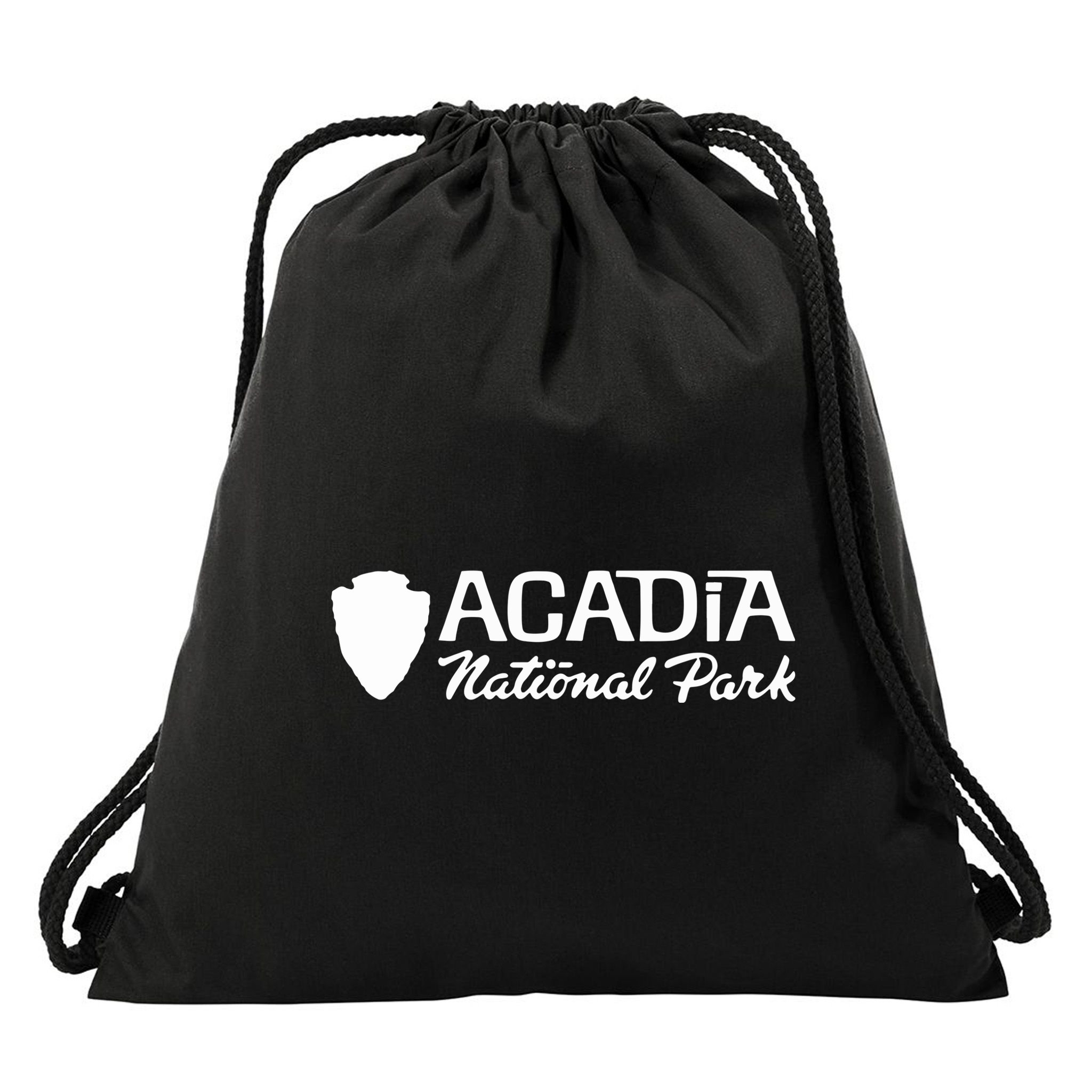 Acadia National Park Retro Arrowhead Wordmark Drawstring Bag