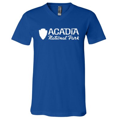 Acadia National Park Retro Arrowhead Wordmark V-Neck T-Shirt