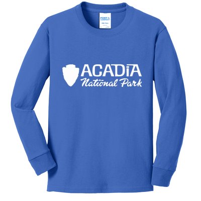 Acadia National Park Retro Arrowhead Wordmark Kids Long Sleeve Shirt