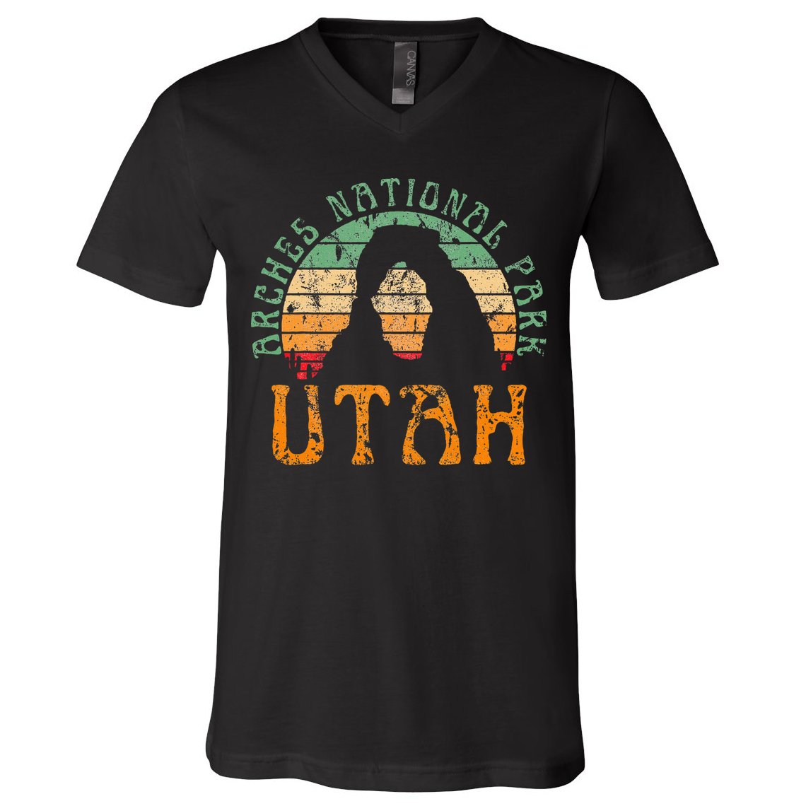 Arches National Park Utah Desert Arch Retro Sunset Vintage V-Neck T-Shirt
