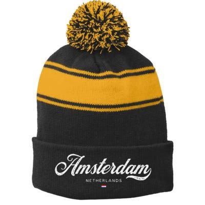 Amsterdam Netherlands Retro Vintage Stripe Pom Pom Beanie