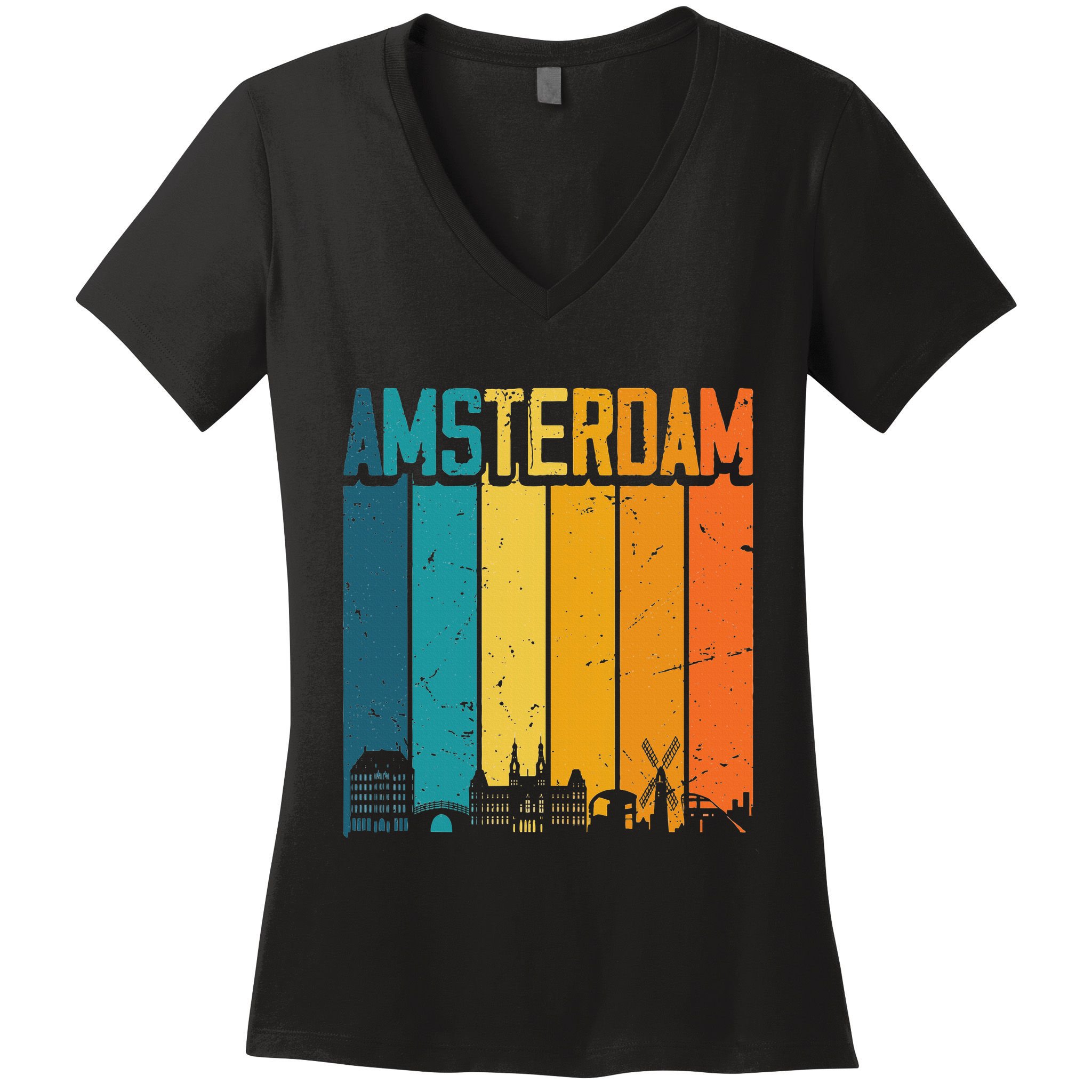 Amsterdam Netherlands Retro Vintage Sunset Skyline Dutch Women's V-Neck T-Shirt