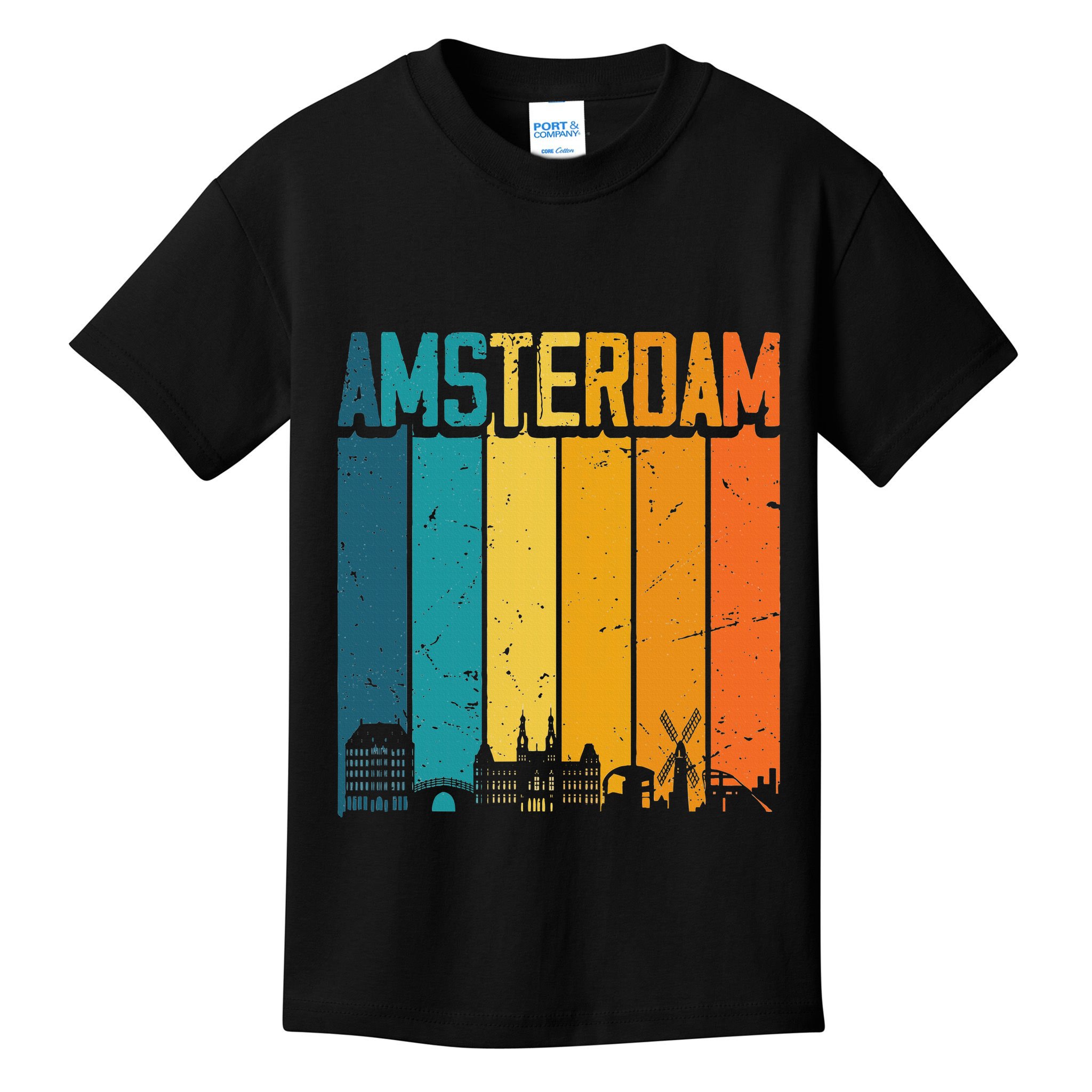 Amsterdam Netherlands Retro Vintage Sunset Skyline Dutch Kids T-Shirt
