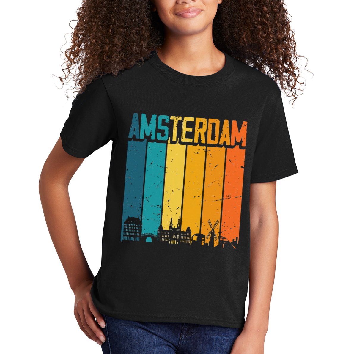 Amsterdam Netherlands Retro Vintage Sunset Skyline Dutch Kids T-Shirt