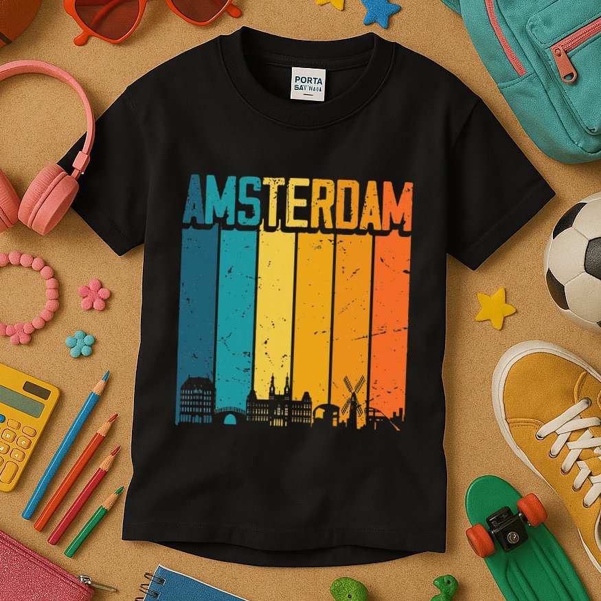 Amsterdam Netherlands Retro Vintage Sunset Skyline Dutch Kids T-Shirt