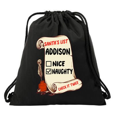 Addison Name Santa Naughty Nice List Funny Xmas Cute Meaningful Gift Drawstring Bag