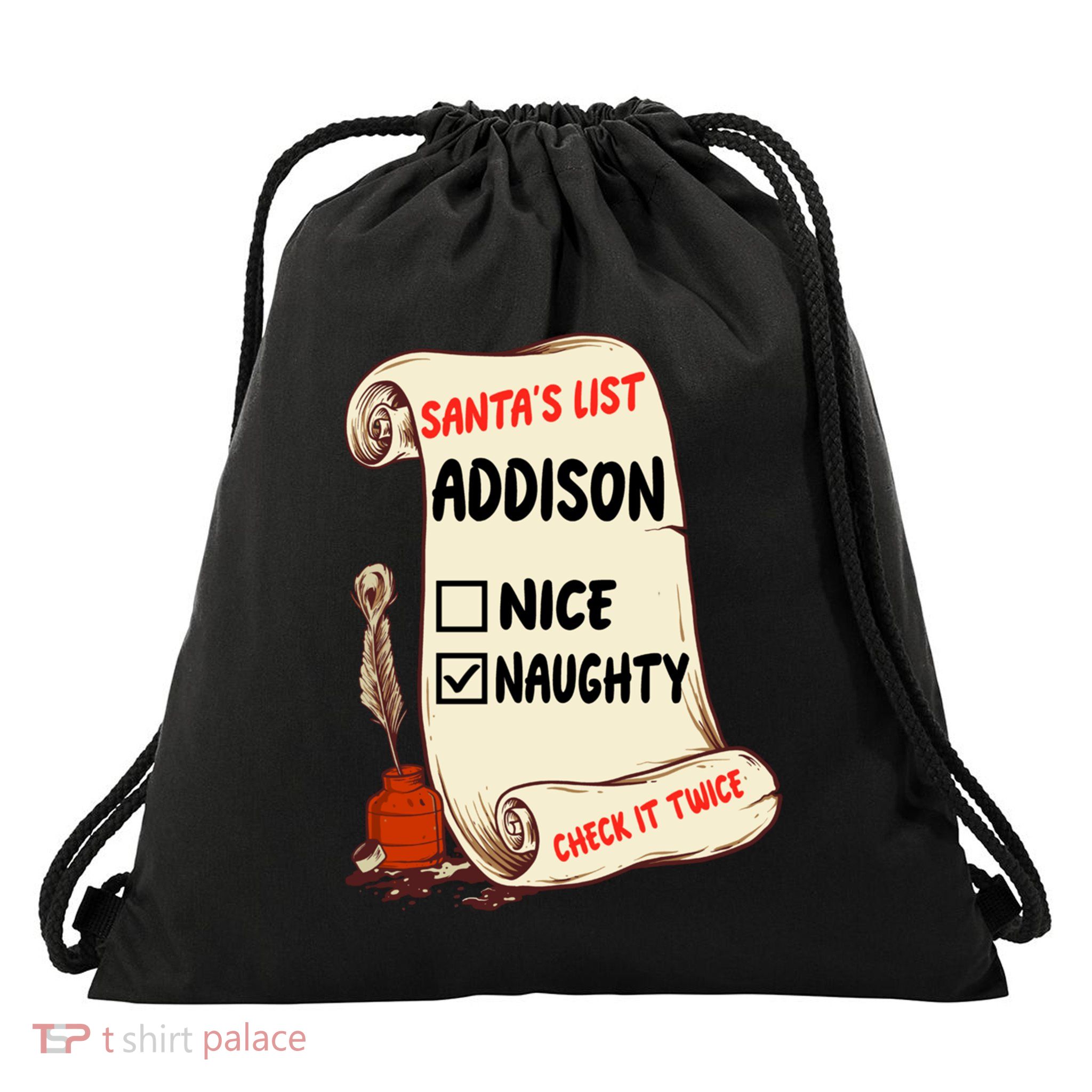 Addison Name Santa Naughty Nice List Funny Xmas Cute Meaningful Gift Drawstring Bag