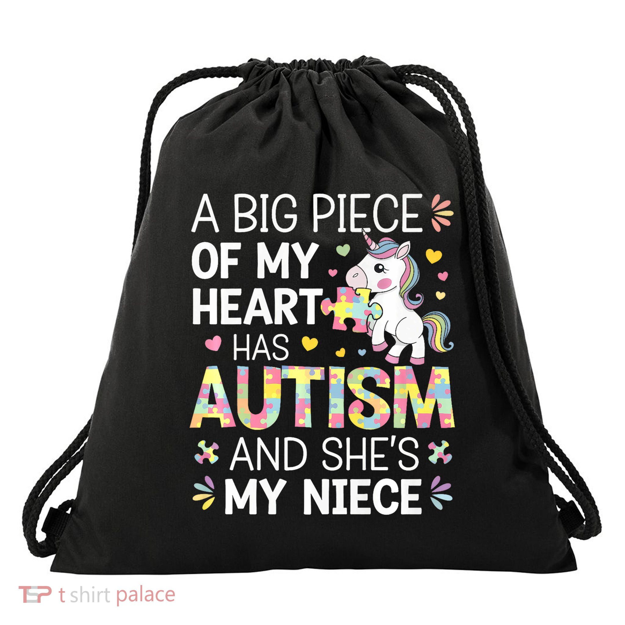 Autism Niece Unicorn Puzzle Piece Design Drawstring Bag