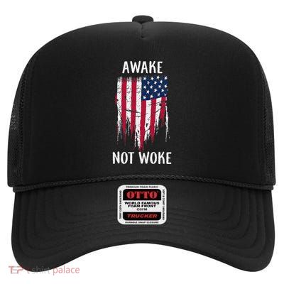 Awake Not Woke Anti Censorship Cancel Culture High Crown Mesh Back Trucker Hat