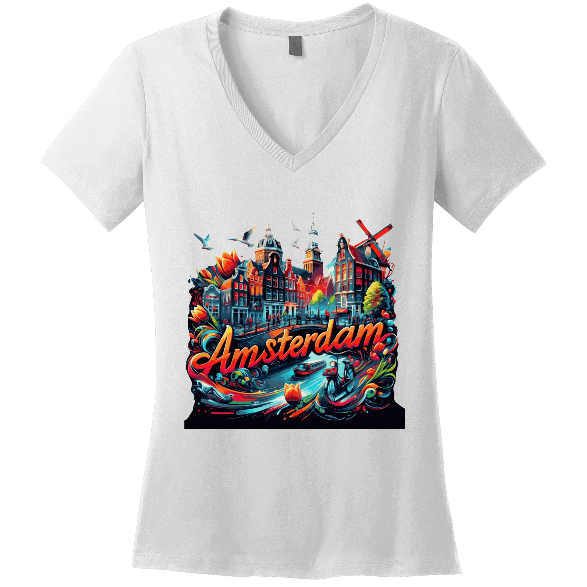 Amsterdam Netherlands Windmills Holland Women's V-Neck T-Shirt