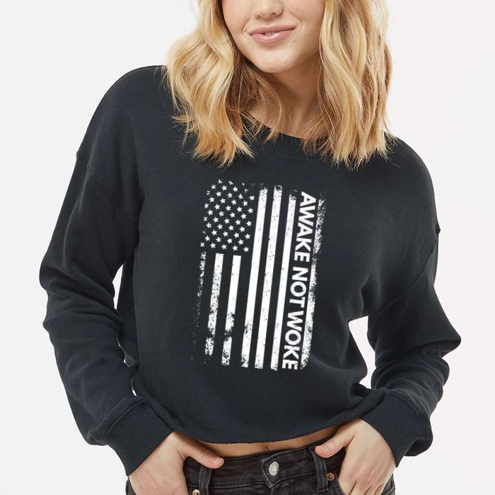 Awake Not Woke American Flag Free Speech Cropped Pullover Crew