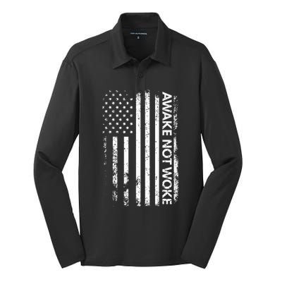 Awake Not Woke American Flag Free Speech Silk Touch Performance Long Sleeve Polo