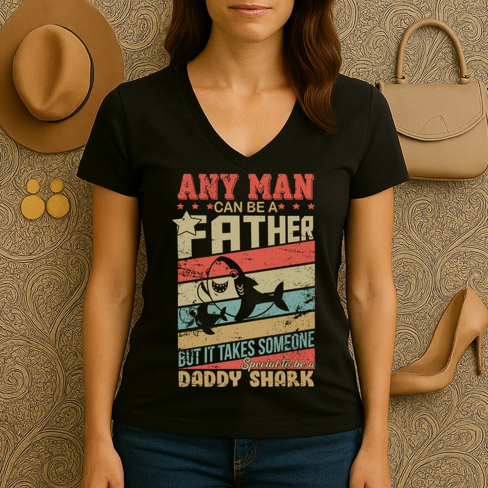 Any Man Can Be A Father Daddy Shark Women's V-Neck T-Shirt