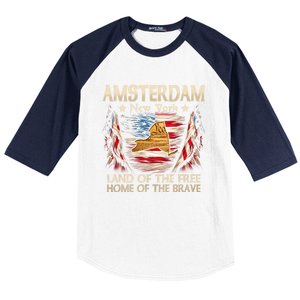 Amsterdam New York Usa Flag 4th Of July Gift Baseball Sleeve Shirt