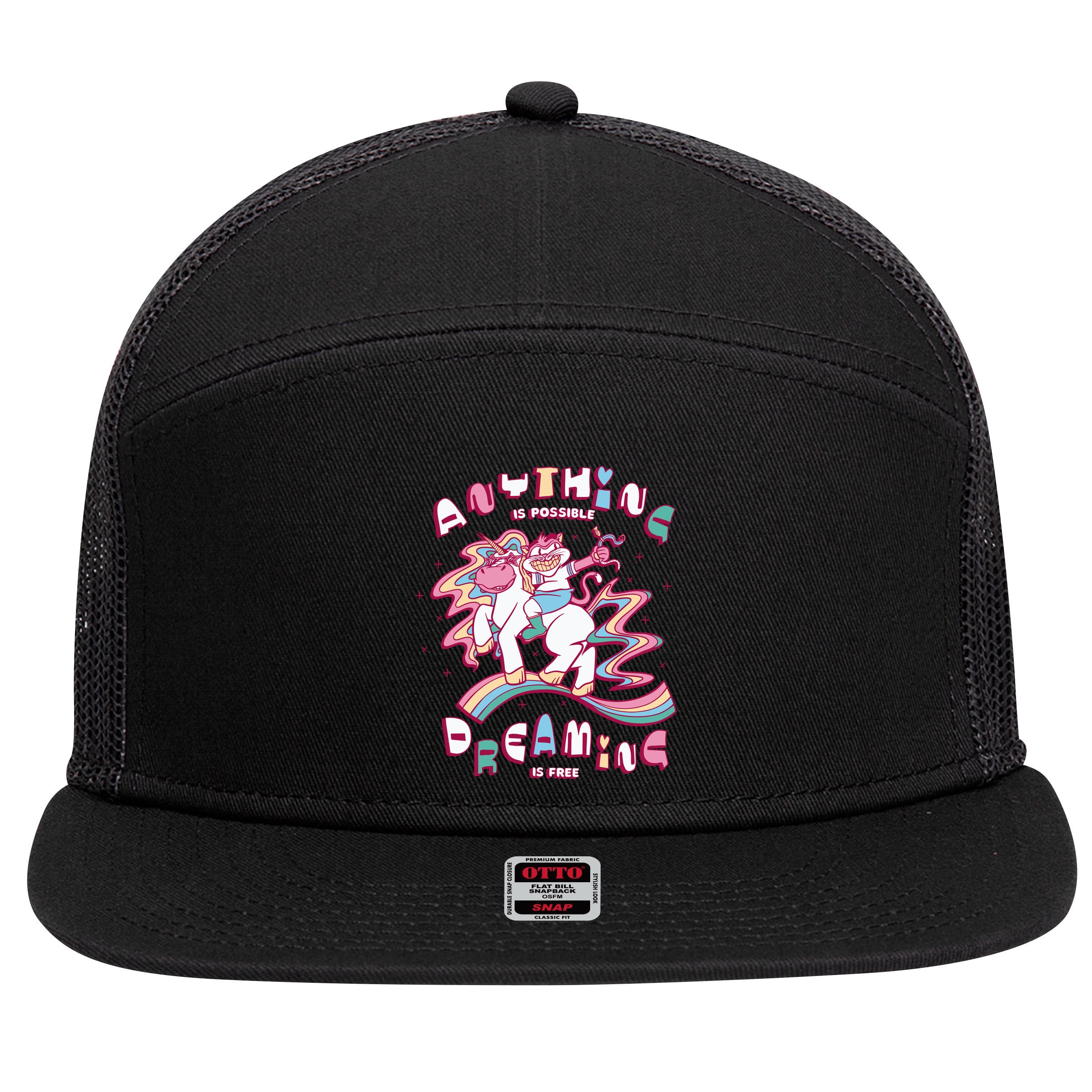 Anything Is Possible Dreaming Is Free 7 Panel Mesh Trucker Snapback Hat