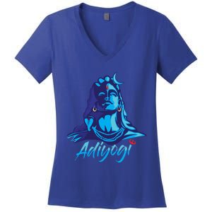 Adiyogi Or Adhi Yogi Shiva Mahadev Blue Hindu Maha Shivratri Funny Gift Women's V-Neck T-Shirt