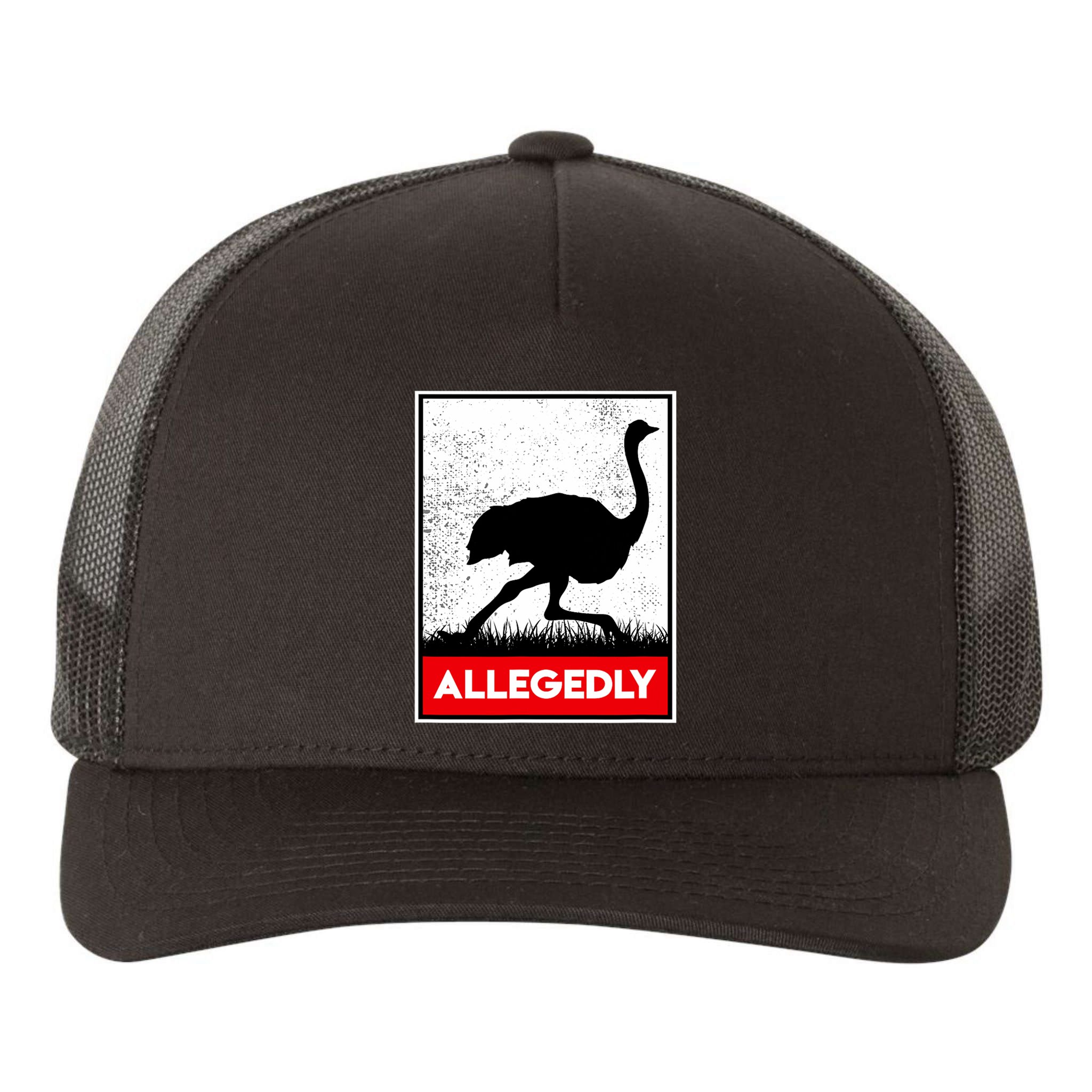 Allegedly Ostrich Co. Allegedly Ostrich Funny Flightless Bird Unisex Black Yupoong Adult 5-Panel Trucker Hat