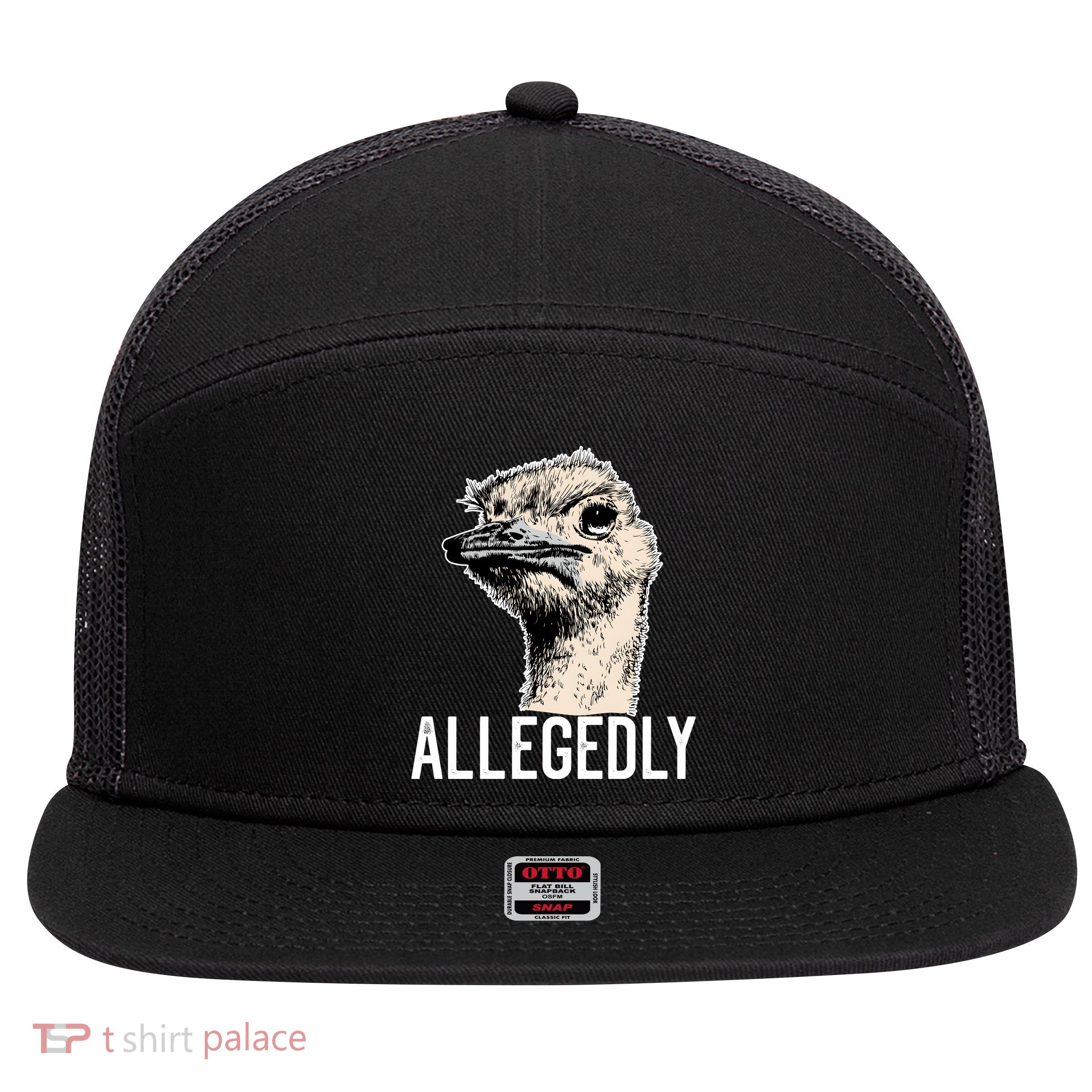 Allegedly Ostrich Funny Flightless Bird Face Design 7 Panel Mesh Trucker Snapback Hat