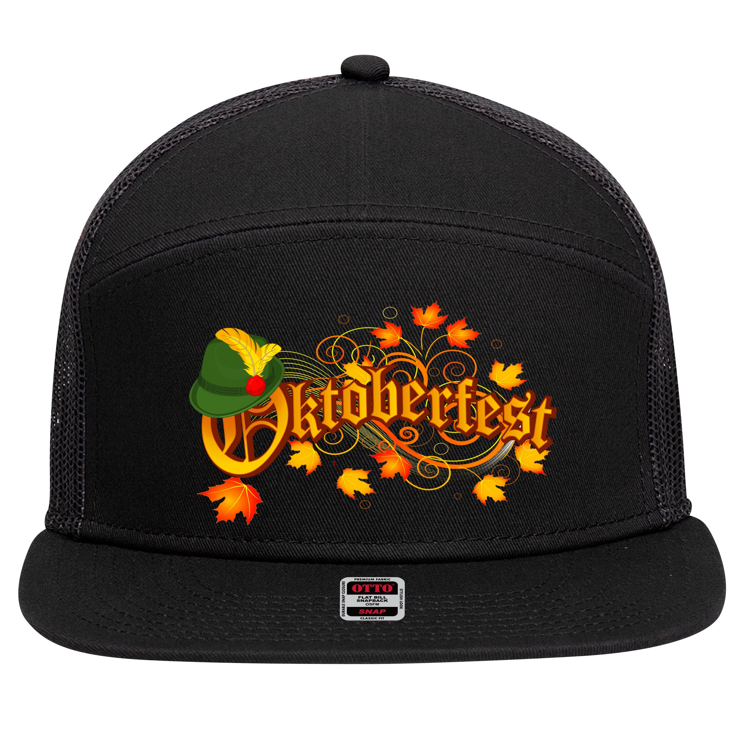 Autumn Oktoberfest Fall Leaves 7 Panel Mesh Trucker Snapback Hat