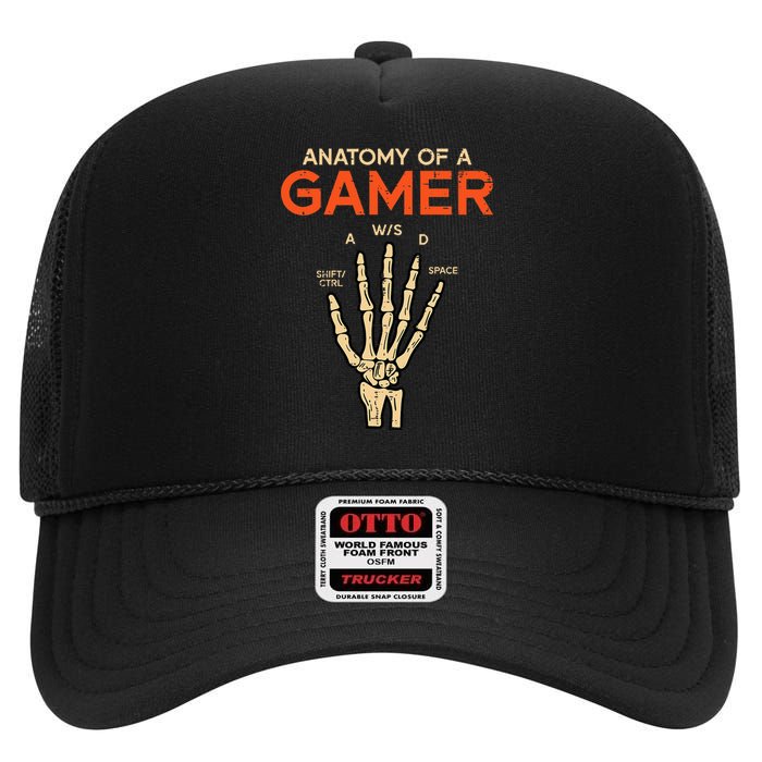 Anatomy Of Gamer Skeleton Hand Funny Men Kids Ns High Crown Mesh Back Trucker Hat