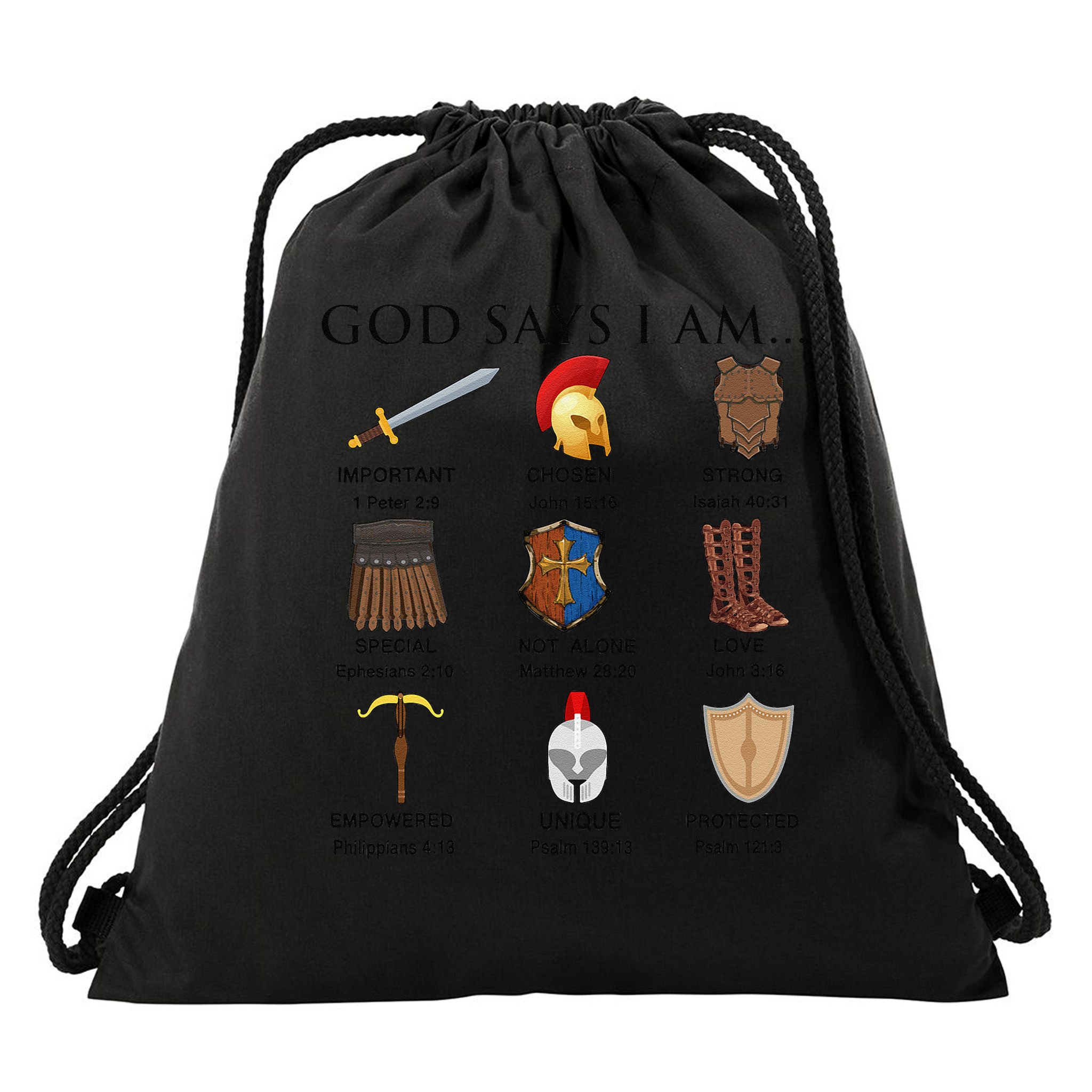 Armor of God Says I Am Christian Loves Jesus Heart Drawstring Bag