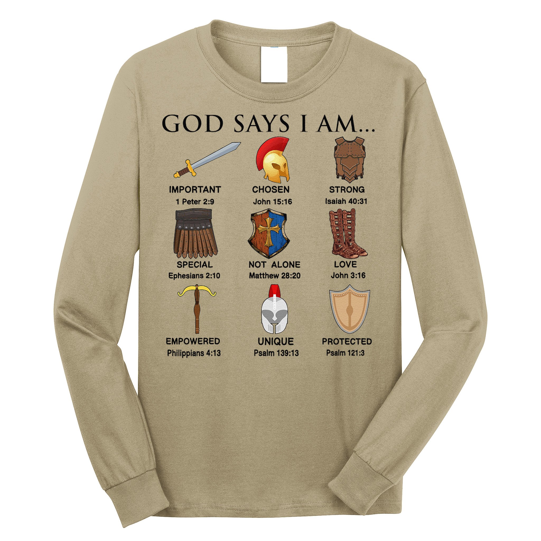 Armor of God Says I Am Christian Loves Jesus Heart Long Sleeve Shirt