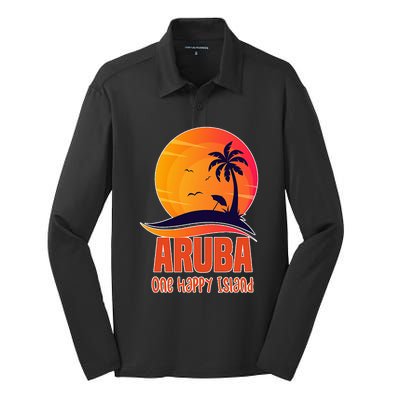 Aruba One Happy Island Beautiful Sunset Beach Silk Touch Performance Long Sleeve Polo