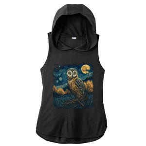 An Owl In The Night Forest Painting Ladies PosiCharge Tri-Blend Wicking Draft Hoodie Tank