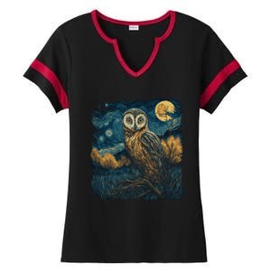 An Owl In The Night Forest Painting Ladies Halftime Notch Neck Tee