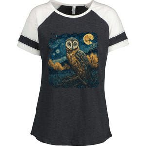 An Owl In The Night Forest Painting Enza Ladies Jersey Colorblock Tee