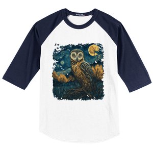 An Owl In The Night Forest Painting Baseball Sleeve Shirt