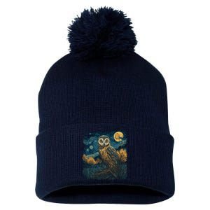 An Owl In The Night Forest Painting Pom Pom 12in Knit Beanie