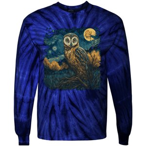 An Owl In The Night Forest Painting Tie-Dye Long Sleeve Shirt