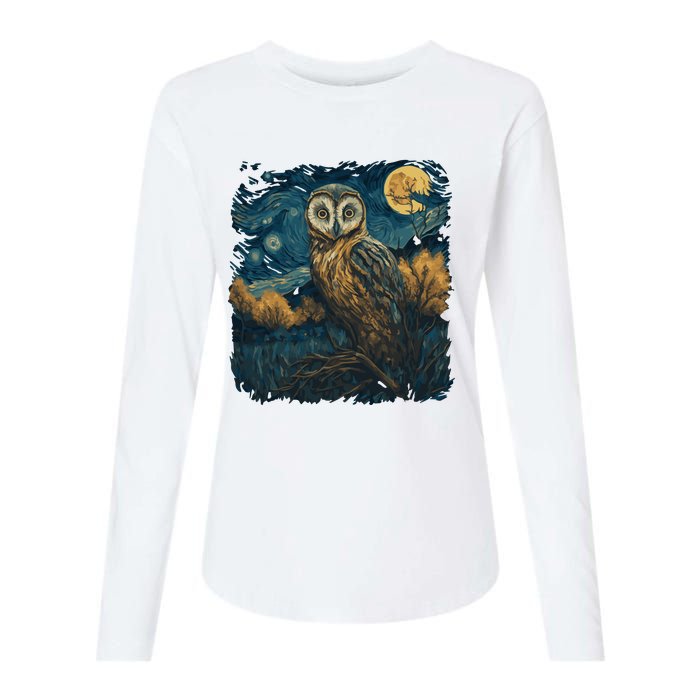 An Owl In The Night Forest Painting Womens Cotton Relaxed Long Sleeve T-Shirt