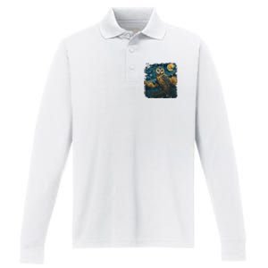 An Owl In The Night Forest Painting Performance Long Sleeve Polo