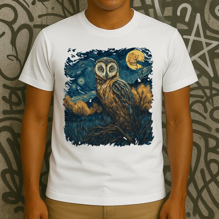 An Owl In The Night Forest Painting T-Shirt
