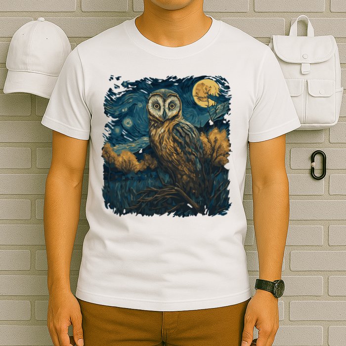 An Owl In The Night Forest Painting T-Shirt