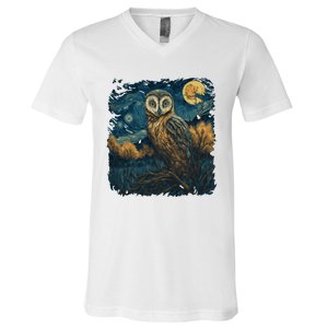 An Owl In The Night Forest Painting V-Neck T-Shirt