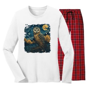 An Owl In The Night Forest Painting Women's Long Sleeve Flannel Pajama Set 