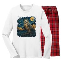 An Owl In The Night Forest Painting Women's Long Sleeve Flannel Pajama Set 