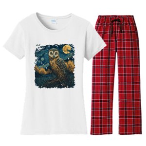 An Owl In The Night Forest Painting Women's Flannel Pajama Set