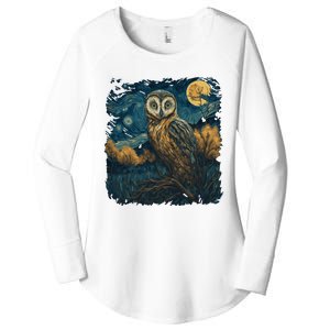 An Owl In The Night Forest Painting Women's Perfect Tri Tunic Long Sleeve Shirt