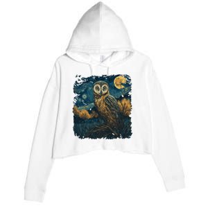 An Owl In The Night Forest Painting Crop Fleece Hoodie