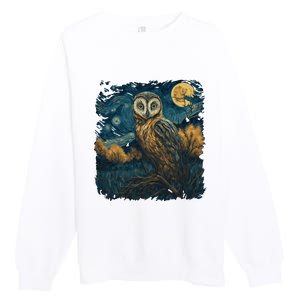 An Owl In The Night Forest Painting Premium Crewneck Sweatshirt