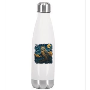 An Owl In The Night Forest Painting Stainless Steel Insulated Water Bottle